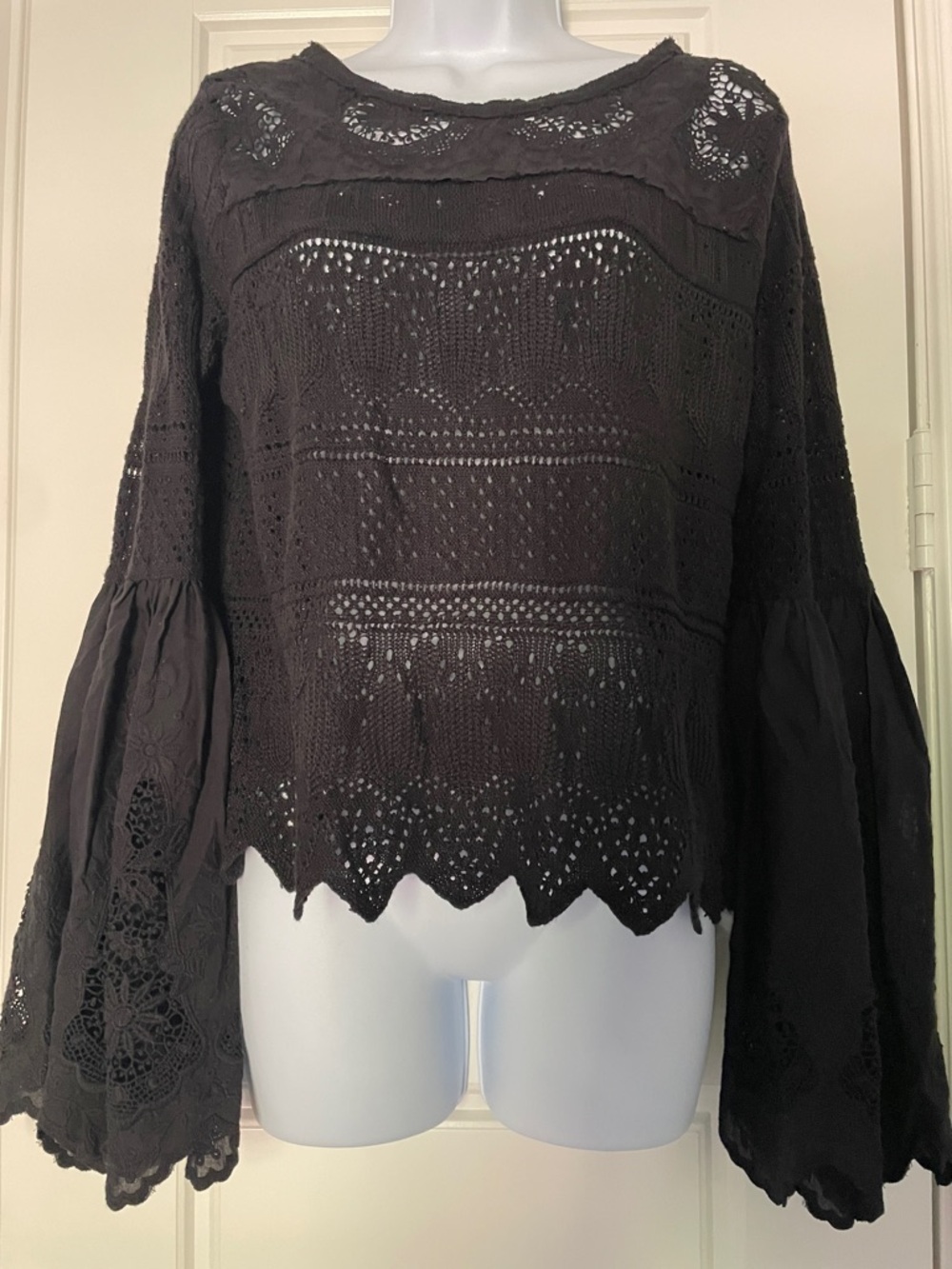 Free People Black Crochet Bell-Sleeve Top